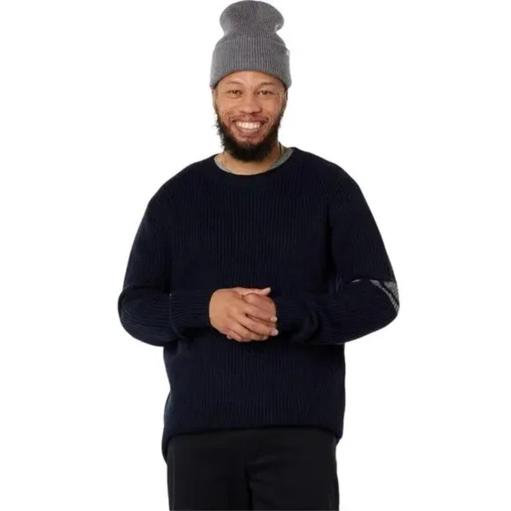 LABEL Mens Go-To Sweater Medium Navy Blue Grey Knit Crewneck Merino Wool NWT